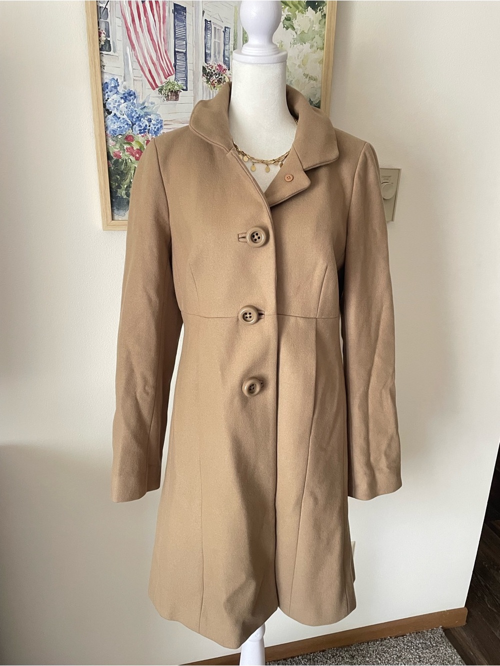 J. Crew Vintage Y2K Wool Blend Long Trench Coat Jacket Size 6 Camel Tan